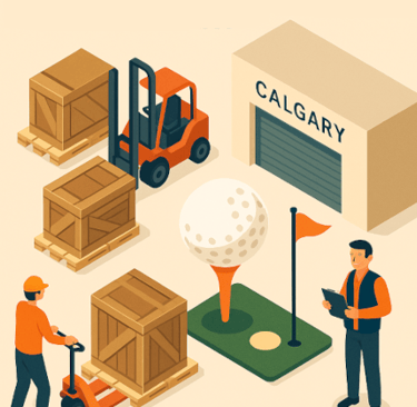 Oversized golf course management equipment staged in a Calgary warehouse before delivery to the trad
