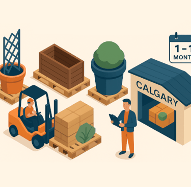 Bulky home and garden displays staged in a Calgary warehouse between trade show days.