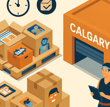 Vendor pallets and displays staged in a Calgary warehouse before delivery to Calgary Expo.