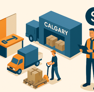 Large renovation show displays staged in a Calgary warehouse before delivery to BMO Centre.