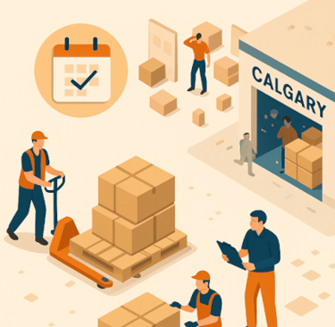 Exhibitor booth materials staged in a Calgary warehouse before the CCTC Teachers’ Convention.