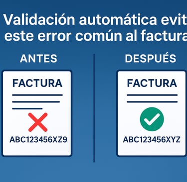 Diseño tipo "antes/después": Izquierda: factura tachada con RFC erróneo. Derecha: check verde sobre 
