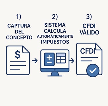 Infografía con 3 pasos: 1) Captura de concepto 2) Sistema calcula automáticamente impuestos 3) CFDI 