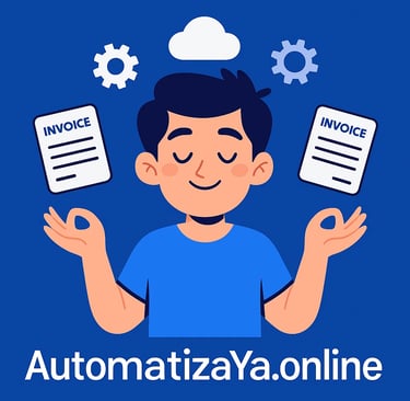 Una persona sonriendo y relajada, con elementos digitales flotando a su alrededor (como iconos de fa