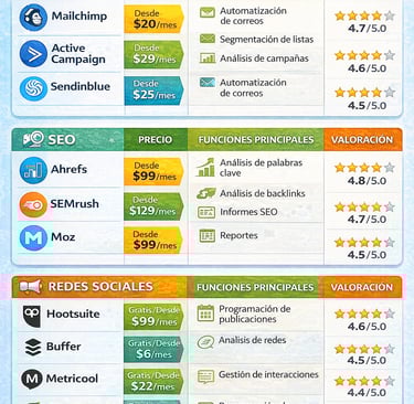 Tabla comparativa de precios y funciones de herramientas de marketing digital actualizada 2025