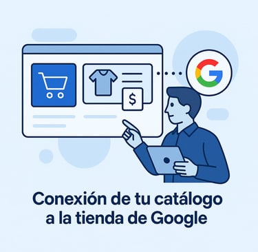 Ilustración de un hombre conectando un catálogo de productos online (mostrado en un navegador web con un carrito de compras y
