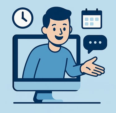 Asesor virtual ofreciendo atención en línea desde una pantalla de computadora, con íconos de reloj y
