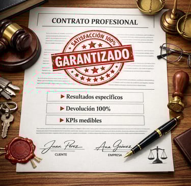 Contrato de garantía de marketing digital con devolución 100% si no se cumplen resultados