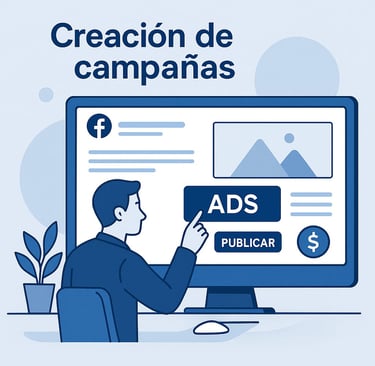 Ilustración de un hombre creando campañas de anuncios en Facebook (Facebook Ads). Se ve el logo de Facebook en un monitor, un
