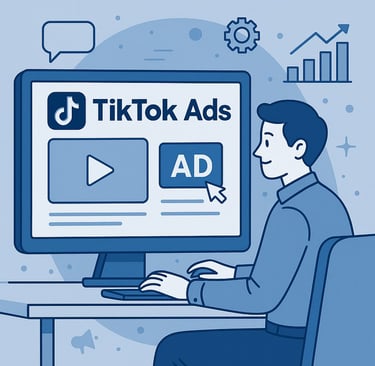 Hombre sentado en un escritorio usando una computadora con "TikTok Ads" mostrado en la pantalla, iconos de redes sociales y g