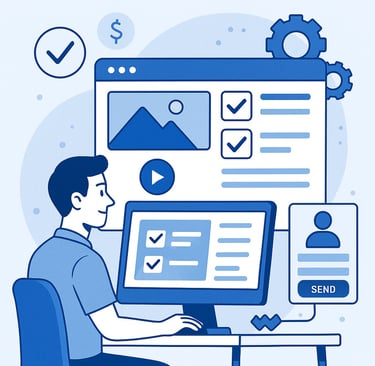 Ilustración de un profesional diseñando una página web en computadora con iconos de engranajes, formularios y listas de verif