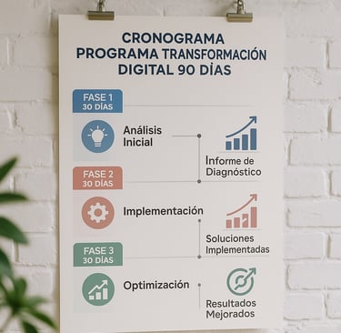 Cronograma detallado del programa transformación digital 90 días con fases y hitos