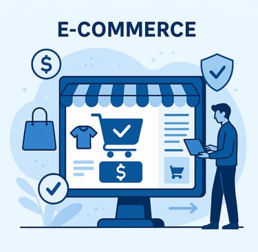 Ilustración sobre E-commerce que muestra una tienda virtual en un monitor con un carrito de compras, un cliente usando una la