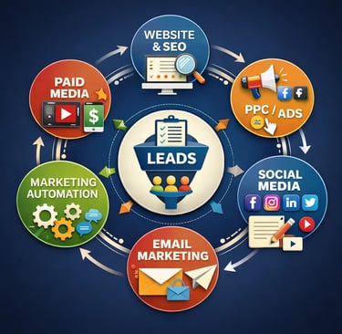 Ecosistema completo de canales de generación de leads digitales interconectados