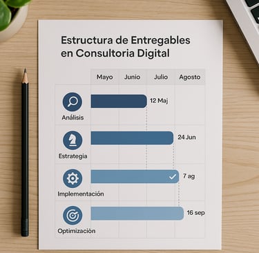Estructura de entregables y hitos en contrato consultoría digital cláusulas