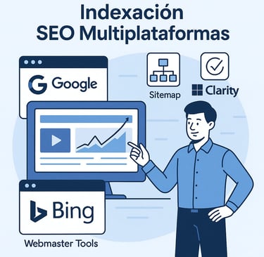 Ilustración de un hombre frente a un monitor con gráficos de análisis, rodeado por logos de Google y Bing Webmaster Tools, un