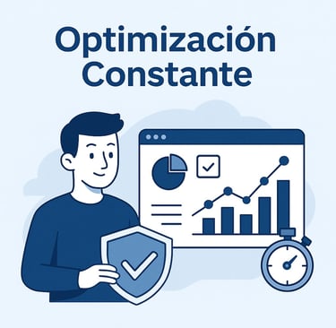 Hombre sonriente sosteniendo un escudo con una marca de verificación, junto a un navegador web que muestra gráficos de optimi