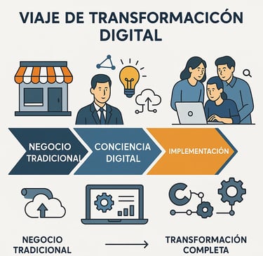 Proceso completo de transformación digital para empresas mostrando etapas de evolución