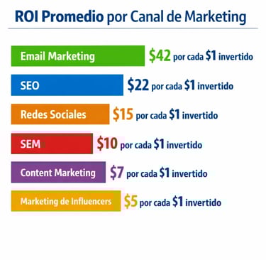 Comparativa visual del ROI marketing digital promedio por canal principal actualizado 2026