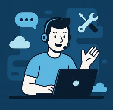 Agente de soporte técnico con auriculares brindando asistencia en línea desde una laptop, con íconos