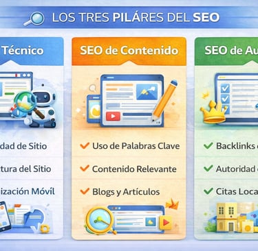 Los tres pilares fundamentales del SEO técnico, de contenido y de autoridad