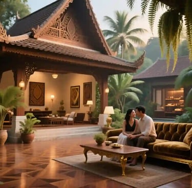 A couple sits on a luxurious sofa on the patio of a traditional Javanese-style villa, surrounded by lush tropical plants. The