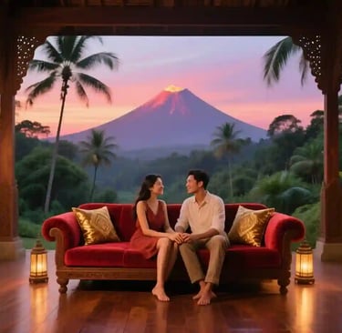 A couple in a romantic resort smiles at each other while seated on a red sofa with golden pillows. They are on a covered terr