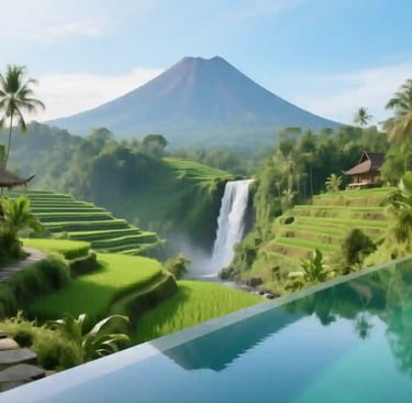 A breathtaking view of a luxury resort nestled amidst lush green rice terraces in West Java. A stunning waterfall cascades do