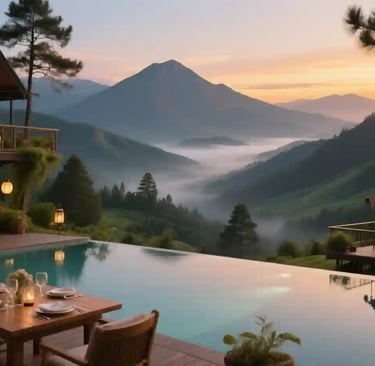 A luxurious glamping resort in East Java at sunset. A beautifully lit infinity pool is flanked by stylish glamping tents and 