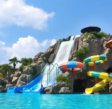 Ilustrasi Waterpark terbaik di Indonesia, dengan ada bebatuan yang padu padankan perosotan waterpark yang besar diarsipkan Eb