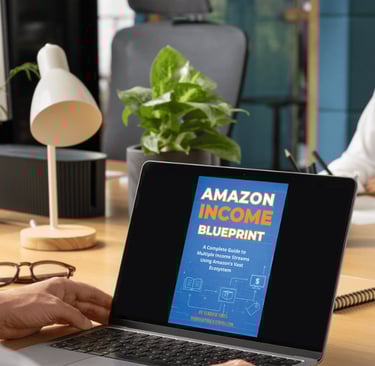 Amazon Income Blueprint book displayed on a laptop, showing how to build multiple Amazon income stre