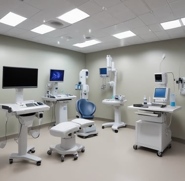 Two people in lab coats collaborate in an office setting. One is seated and pointing at a computer screen displaying medical images, while the other stands nearby holding a tablet. Large windows reveal a view of greenery outside, creating a bright and professional environment.