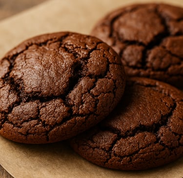 three chocolate brownie cookies on a piece of paper