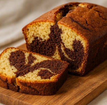 a loaf of chocolate cake with a marbled chocolate swirl