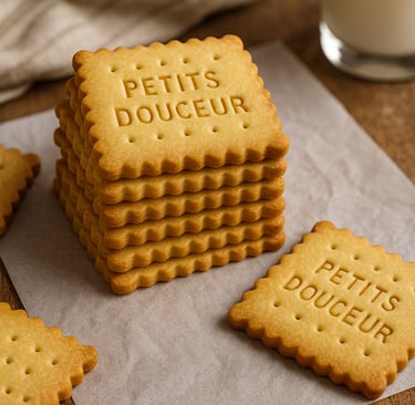 a stack of biscuits on a napkin with a glass of milk