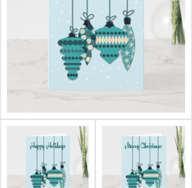 Christmas card with ornaments in a collection of cards
