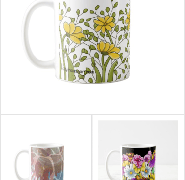 A collection of digital art placed on coffee cups for sale
