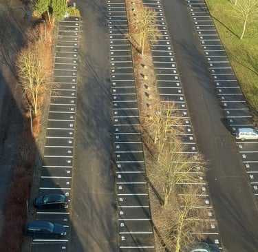 Erneuerte Parkplatzmarkierungen auf großem Stellplatz – ausgeführt von Hebestreit Generalunternehmer
