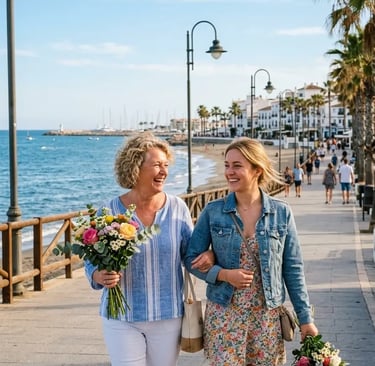 A mother and daughter walking arm-in-arm along a sunny coastal boardwalk, each holding a vibrant bouquet of flowers.