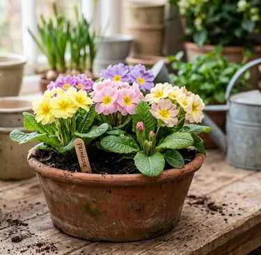 Collection of yellow, pink, and purple primrose flowers blooming in a terracotta pot on a wooden workbench in a garden shed.