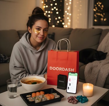 a woman sitting at a table with a phone eating a meal showcasing her beauty products