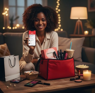 a woman holding a phone and a red bag with cosmetics
