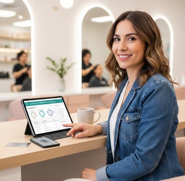 A smiling woman using salon management software on a tablet in a modern hair studio.