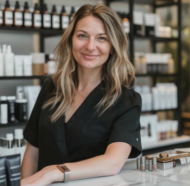 Professional esthetician in a beauty spa boutique with organic skincare products on shelves.