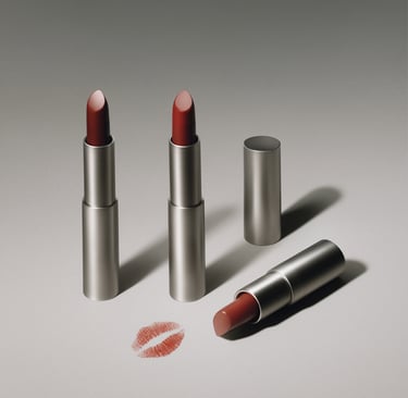 Three matte red lipsticks in silver tubes with a red lip print on a neutral background.