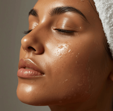Woman with glowing, hydrated skin and water droplets on her face wearing a white towel hair wrap.