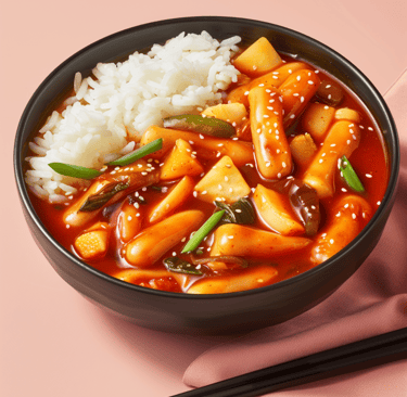 Spicy Korean tteokbokki rice cakes in red chili sauce served with white rice and green onions.