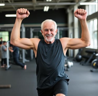 Active seniors smiling and exercising together in a friendly fitness class
