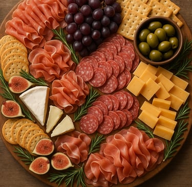 a platter of cheese and crackers on a wooden board