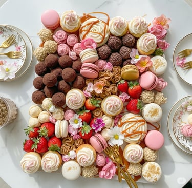 a plate of desserts and desserts on a table